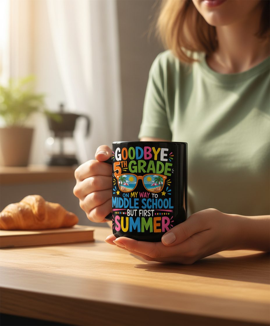 Goodbye 5th Grade on My Way to Middle School but First Black Mug - lifestyle model mockup - Black