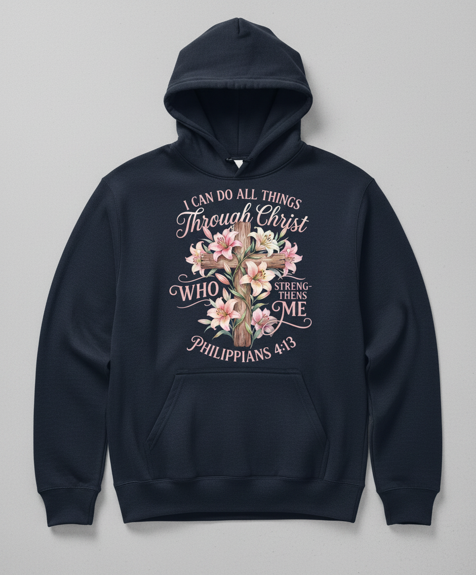 Philippians 4:13 I Can Do All Things Through Christ Cross and Lilies Hoodie - Navy