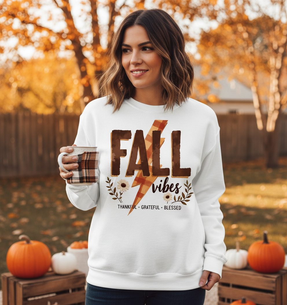 Fall Vibes Thankful Grateful Blessed autumn Sweatshirt White lifestyle mockup