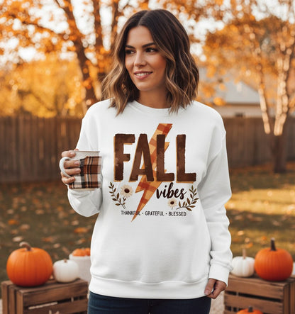 Fall Vibes Thankful Grateful Blessed autumn Sweatshirt White lifestyle mockup
