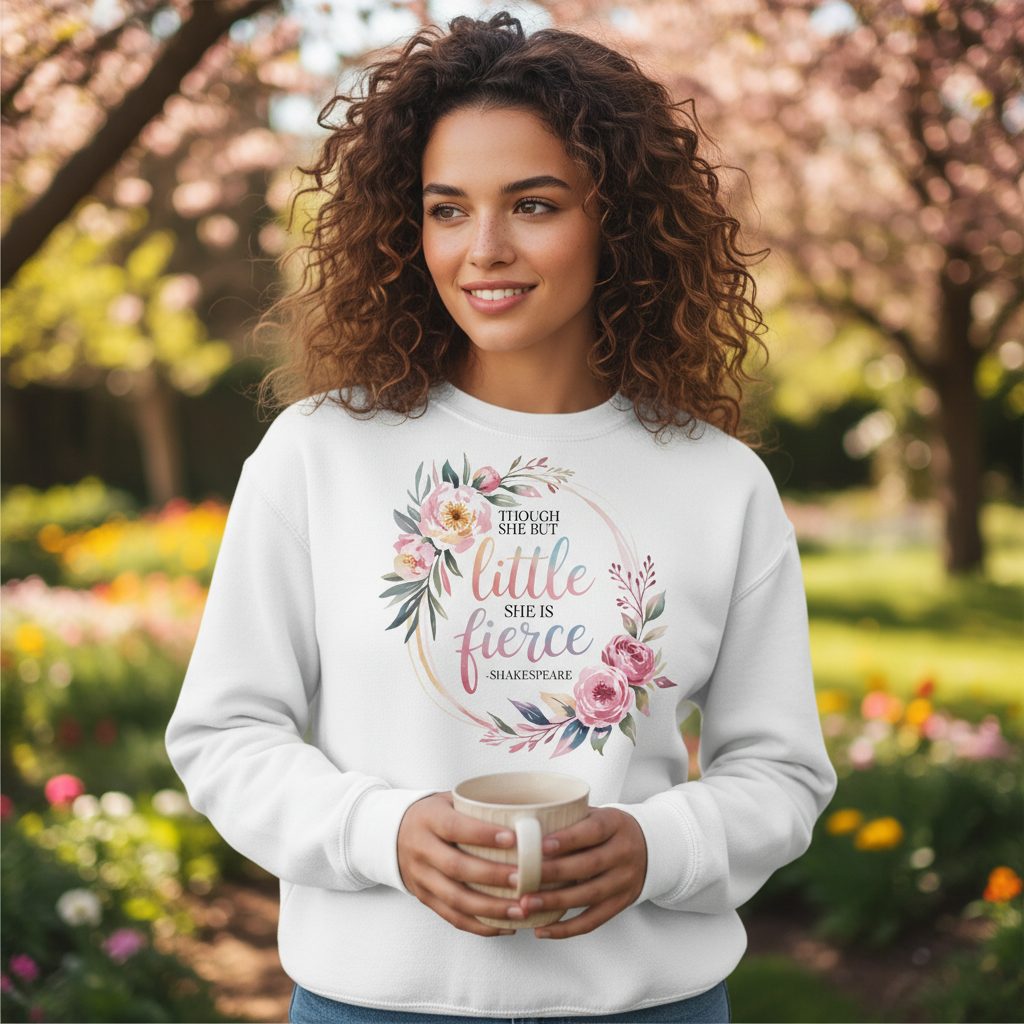 Little Fierce feminine empowerment Sweatshirt White lifestyle mockup