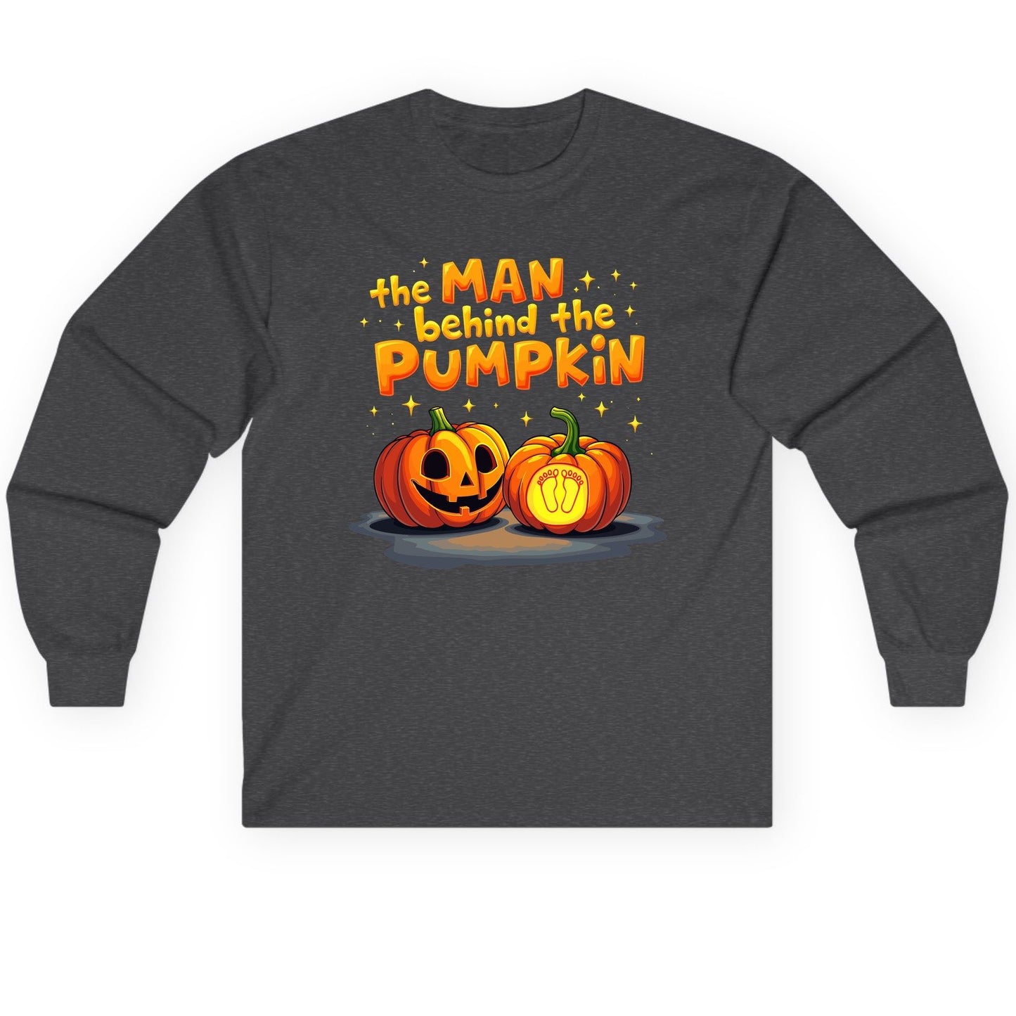 The Man Behind the Pumpkin Halloween pregnancy announcement Long Sleeve Tee Dark Heather product mockup