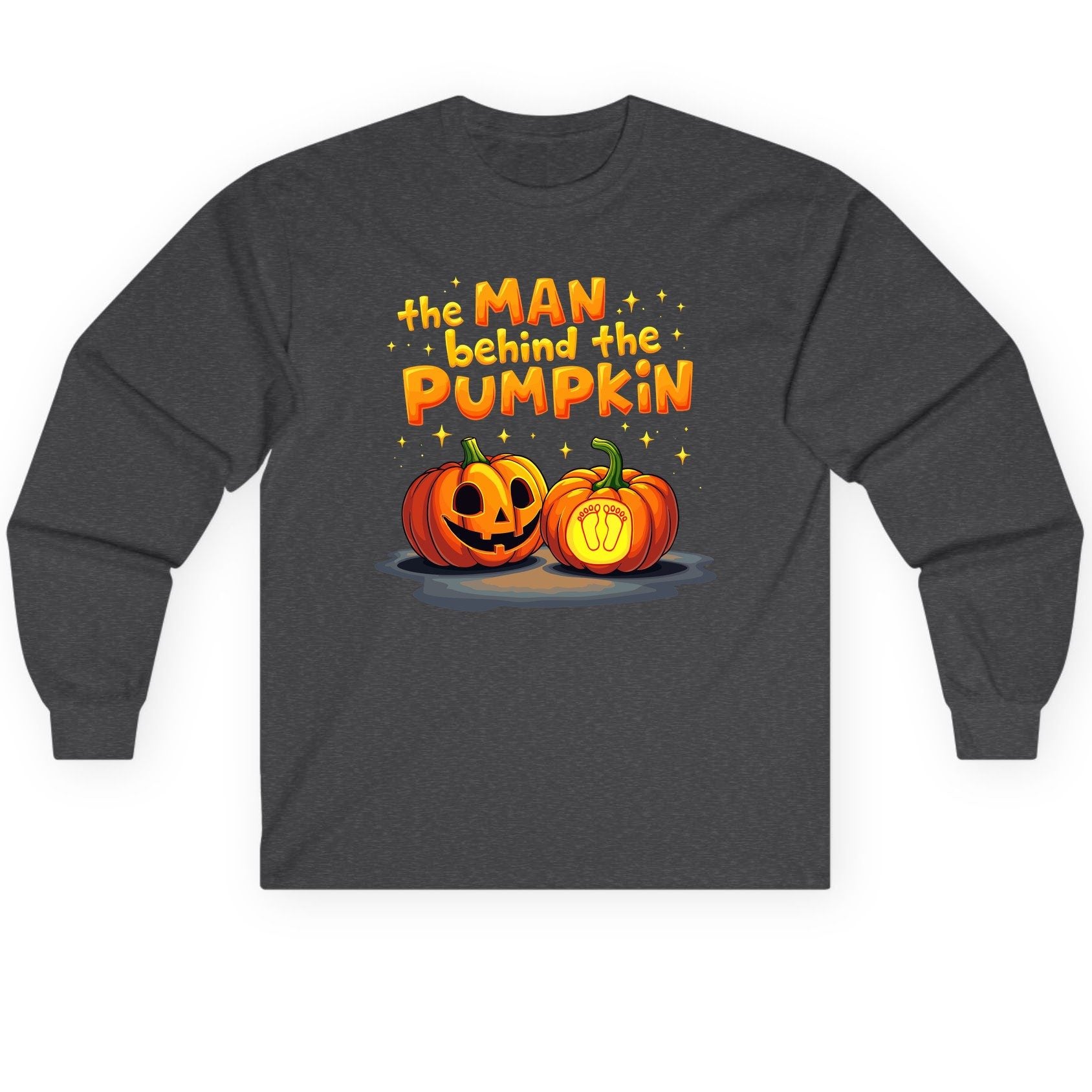The Man Behind the Pumpkin Halloween pregnancy announcement Long Sleeve Tee Dark Heather product mockup