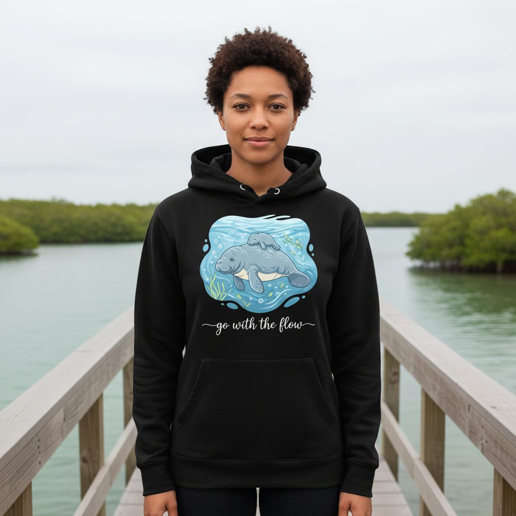 Go with the Flow Manatee Hoodie - lifestyle model mockup - Black