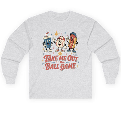 Take Me Out to the Ball Game Retro Baseball Long Sleeve Tee - product mockup - Ash