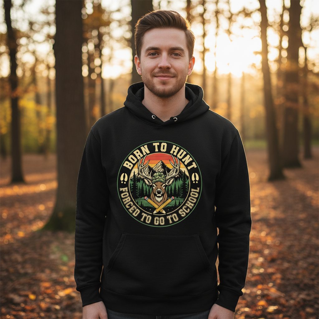Born to Hunt Forced to Go to School hunting Hoodie Black lifestyle mockup