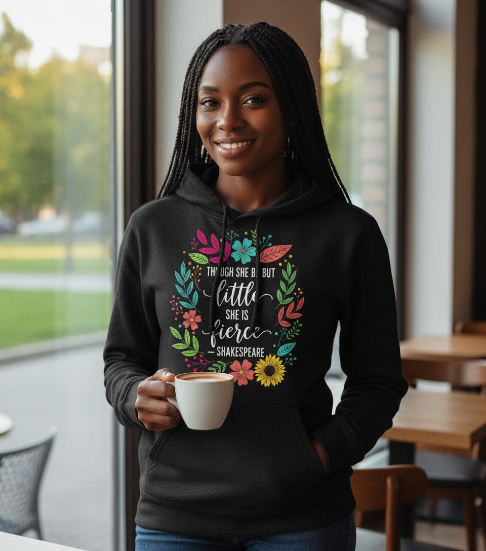 Though She Be but Little She Is Fierce - Shakespeare empowerment Hoodie Black lifestyle mockup