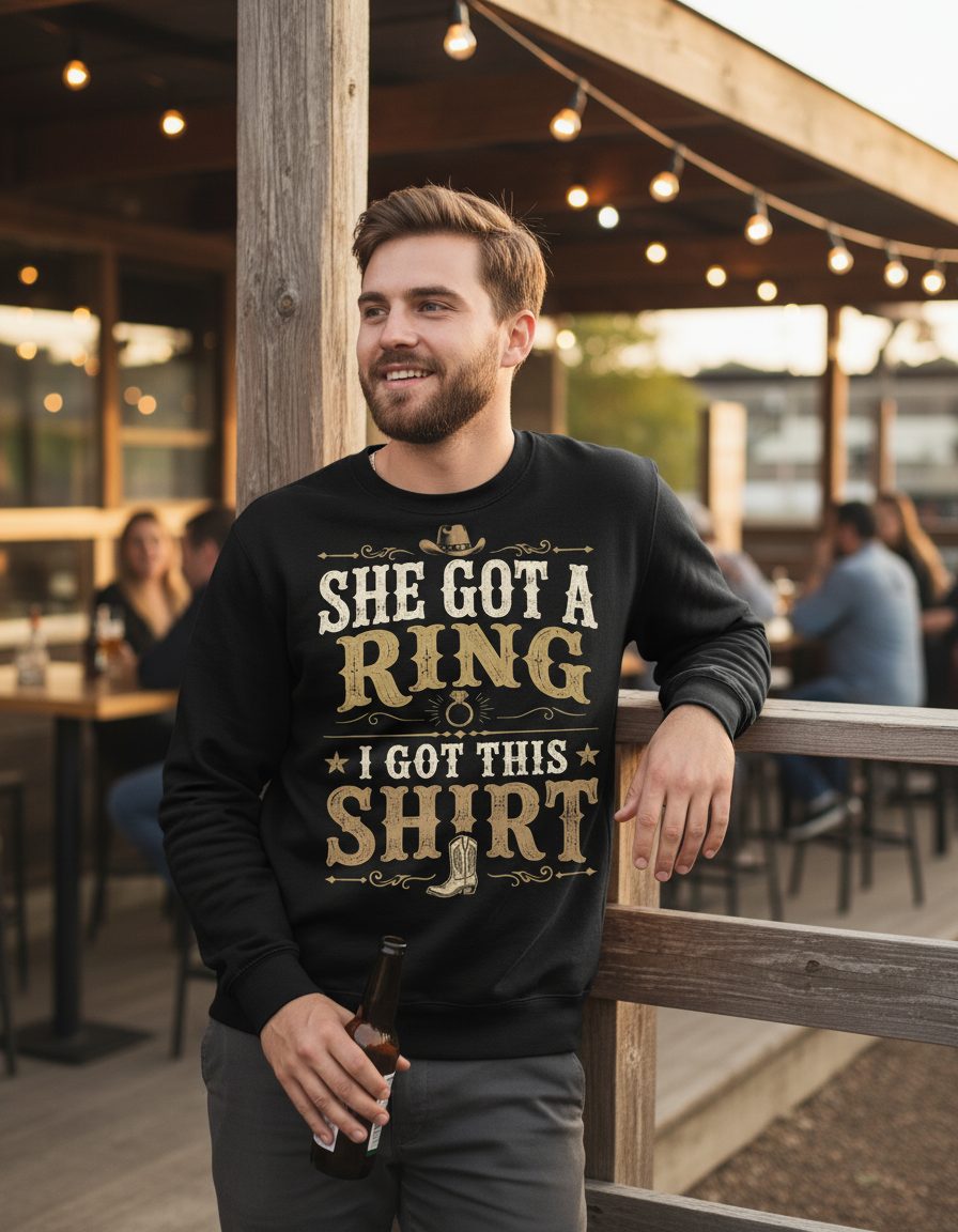 SHE GOT a RING I GOT THIS SHIRT Funny Bachelor Party Sweatshirt - lifestyle model mockup - Black