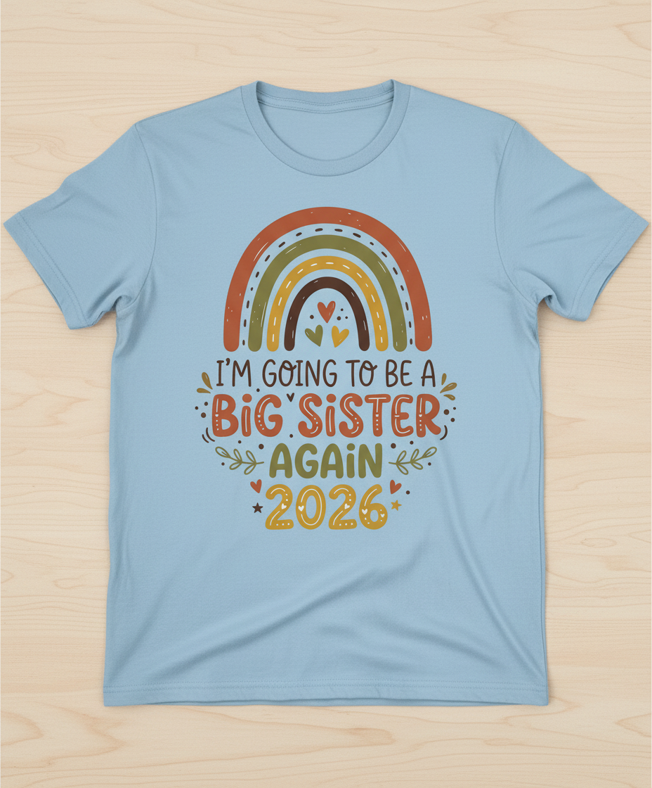 I'm Going to Be a Big Sister Again 2026 Boho Rainbow Announcement T-Shirt - Light Blue