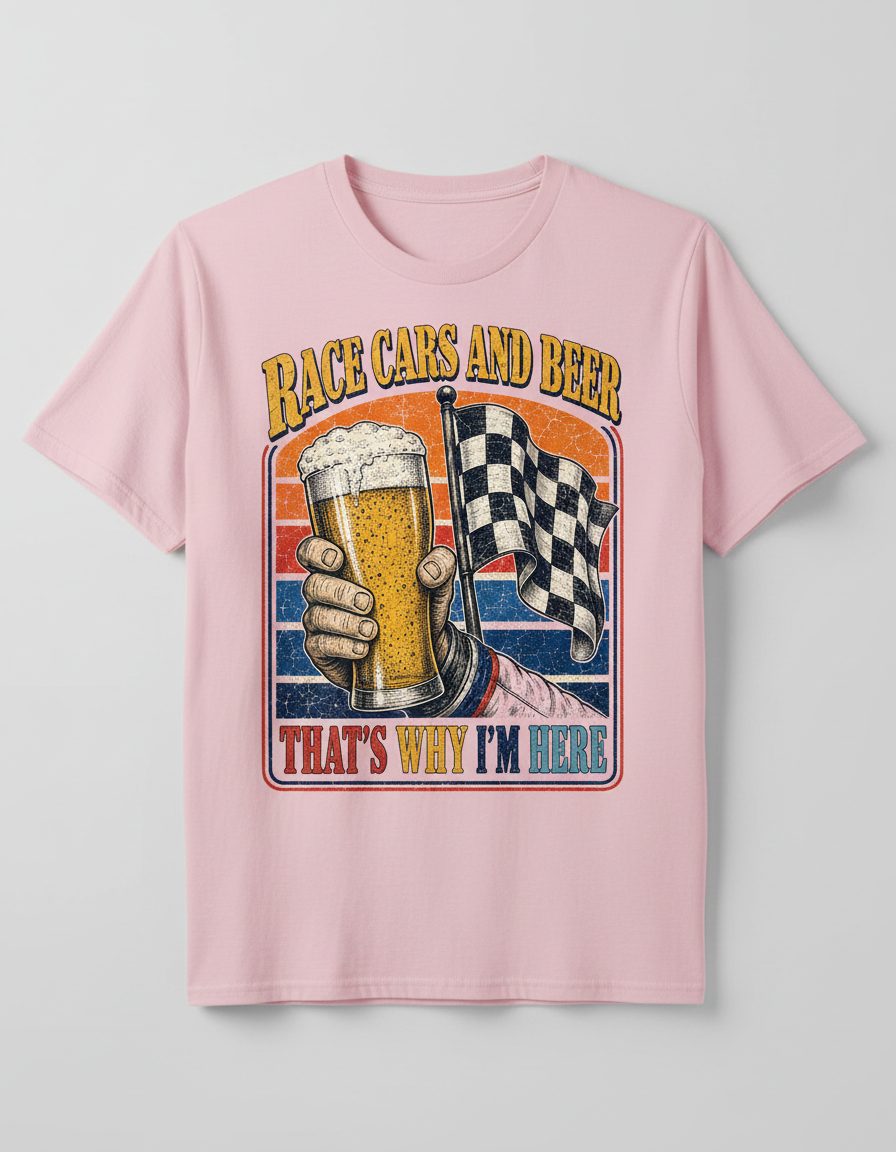 Race Cars and Beer That's Why I'm Here Funny Racing T-Shirt - product mockup - Light Pink