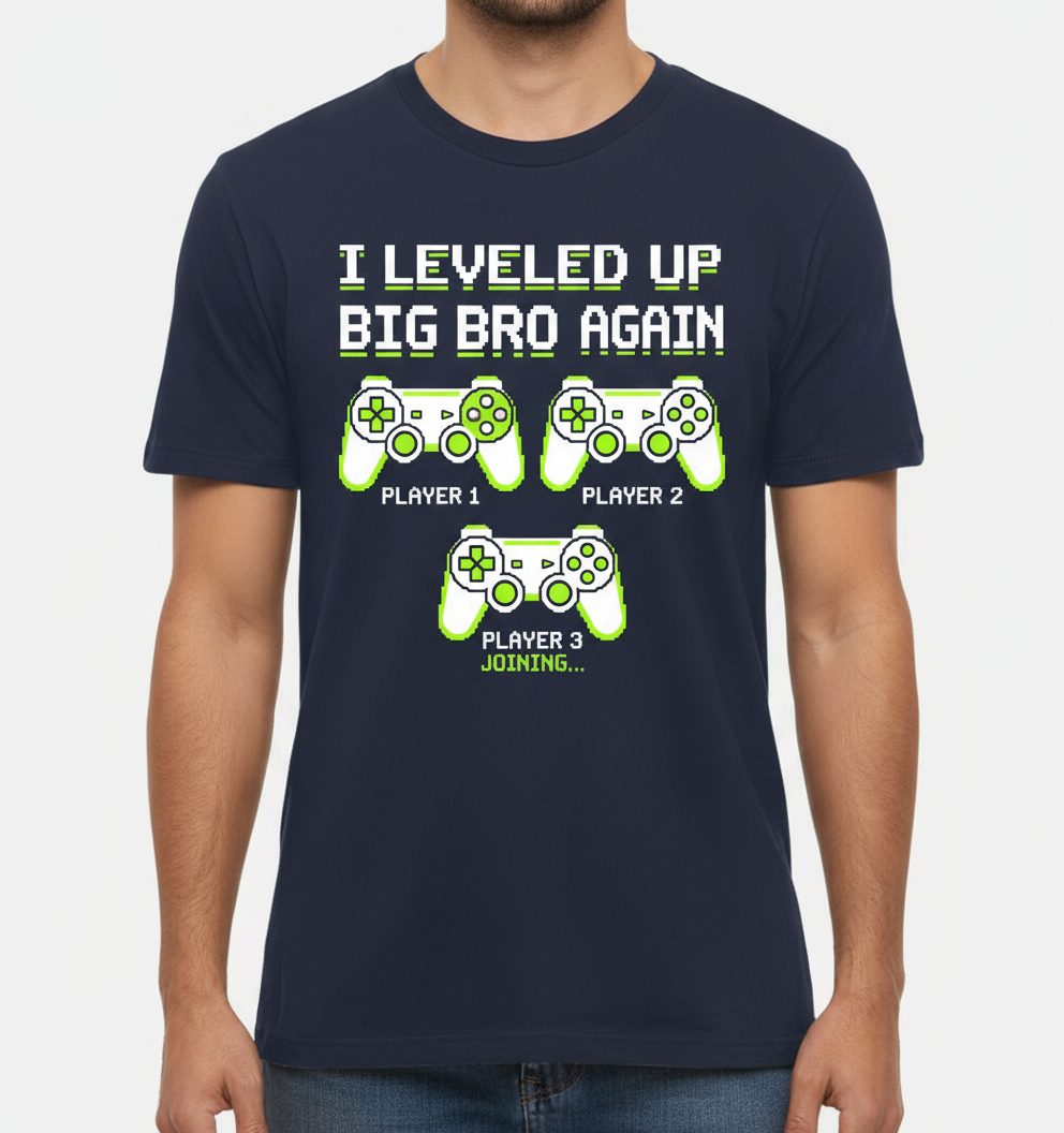 I Leveled UP BIG BRO AGAIN Retro Brother Announcement T-Shirt - product mockup - Navy