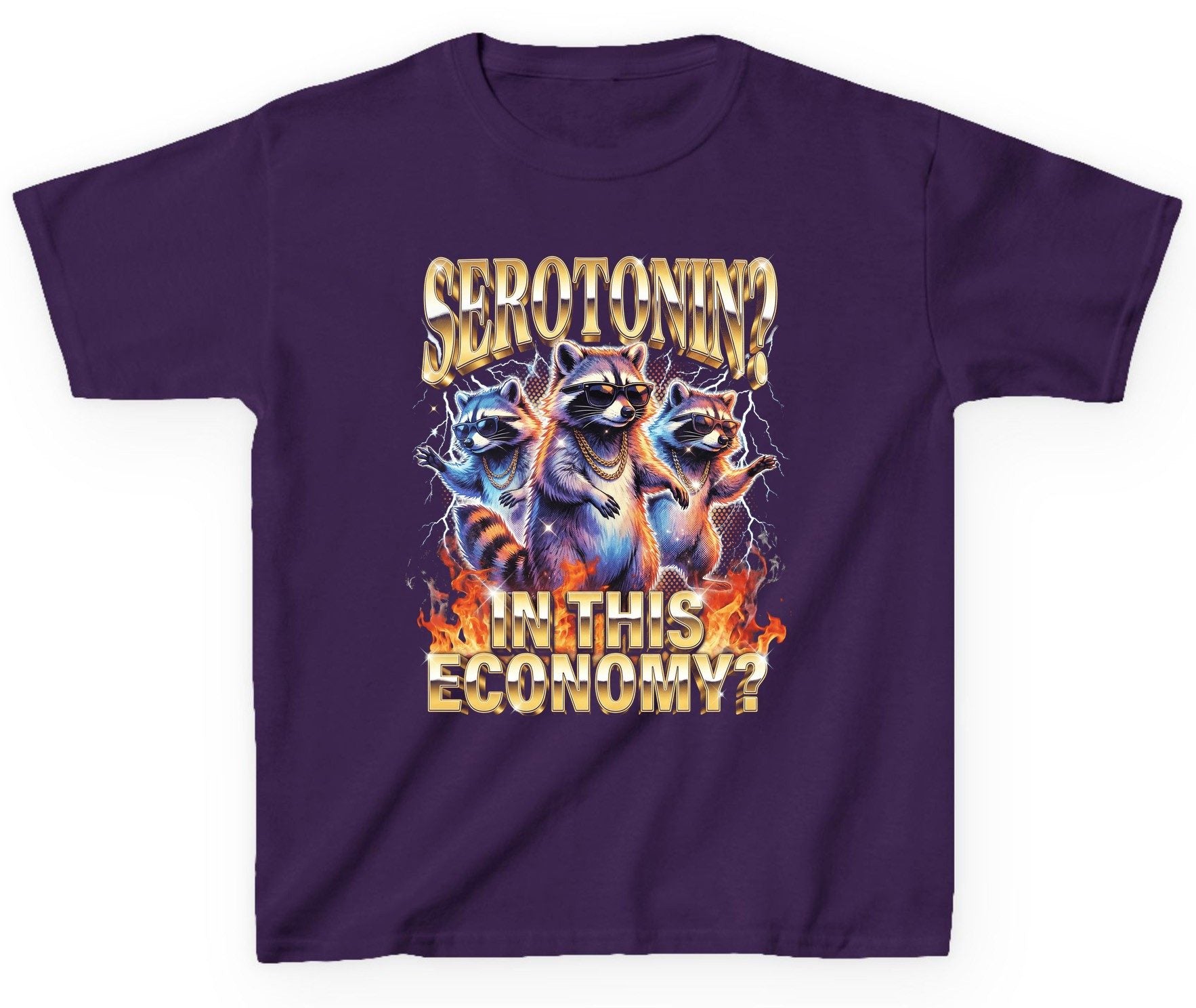 Serotonin in This Economy? raccoon Youth T-Shirt Purple product mockup