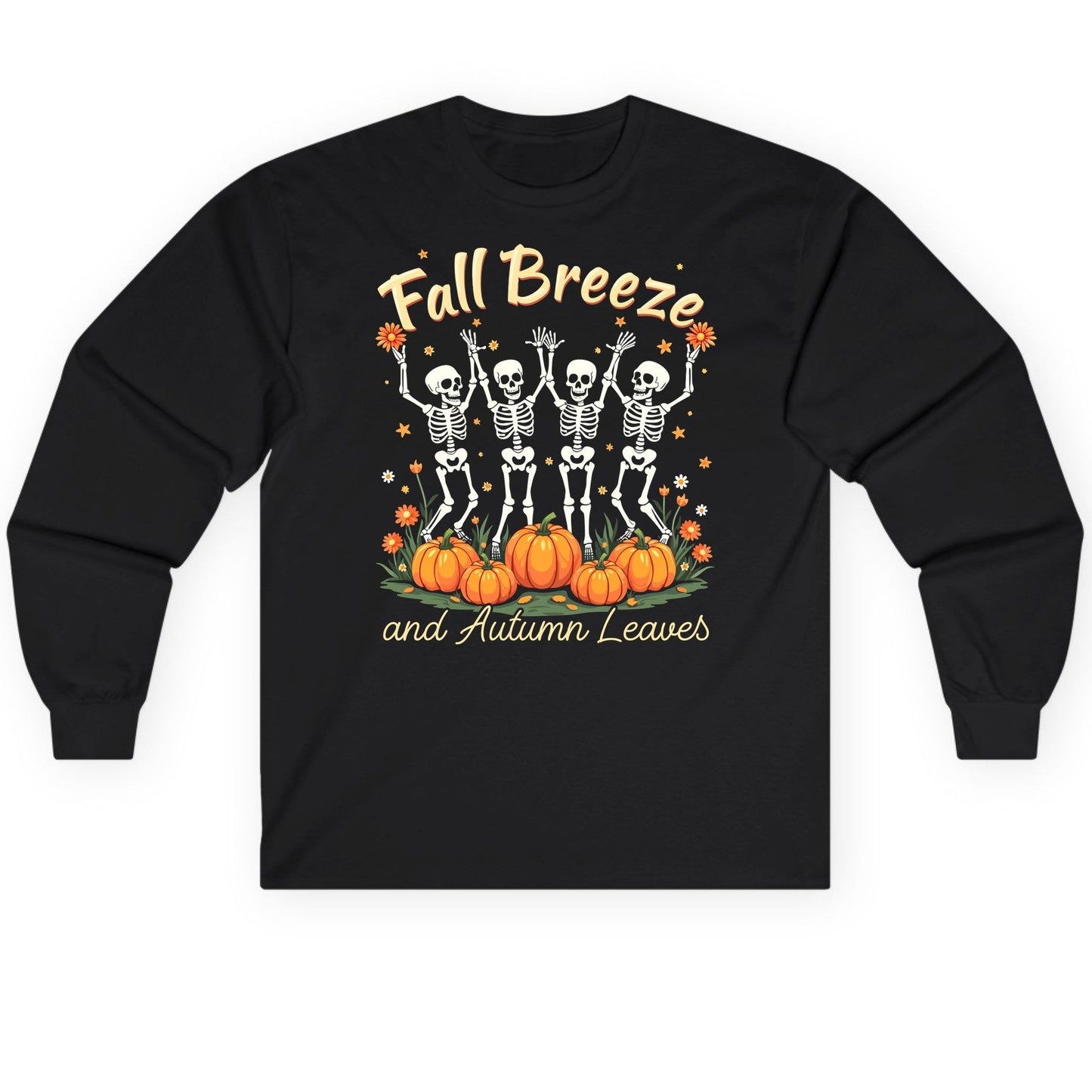 Fall Breeze and Autumn Leaves dancing skeletons Long Sleeve Tee Black product mockup