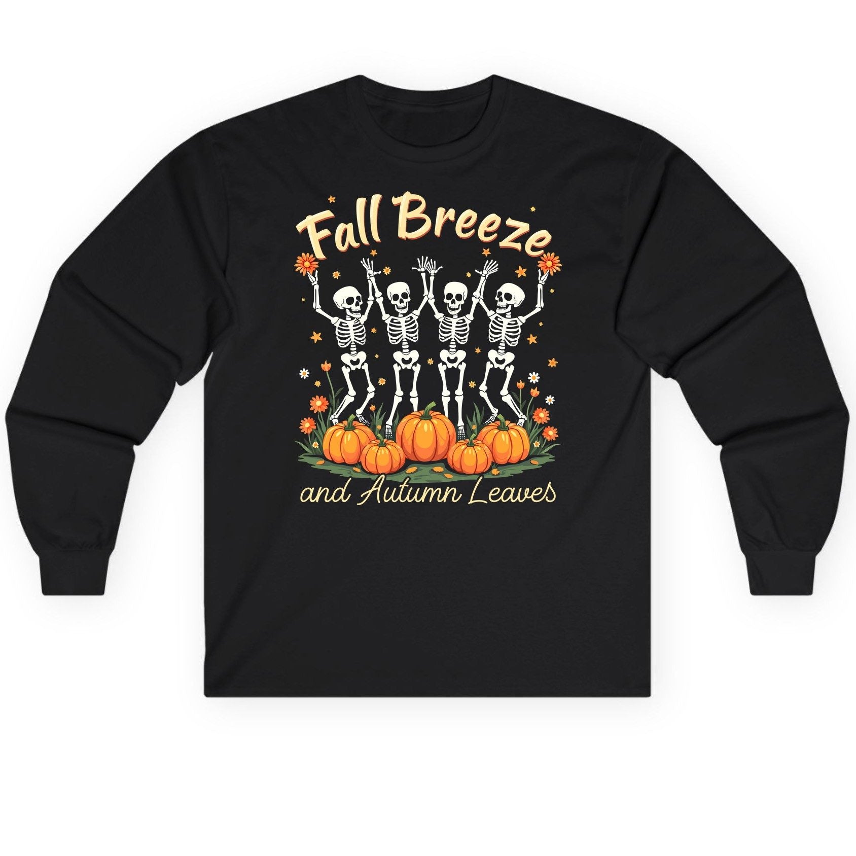 Fall Breeze and Autumn Leaves dancing skeletons Long Sleeve Tee Black product mockup
