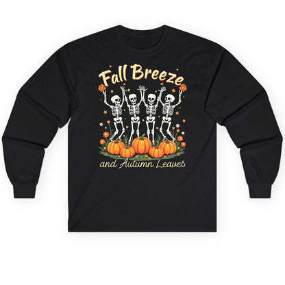 Fall Breeze and Autumn Leaves dancing skeletons Long Sleeve Tee Black product mockup