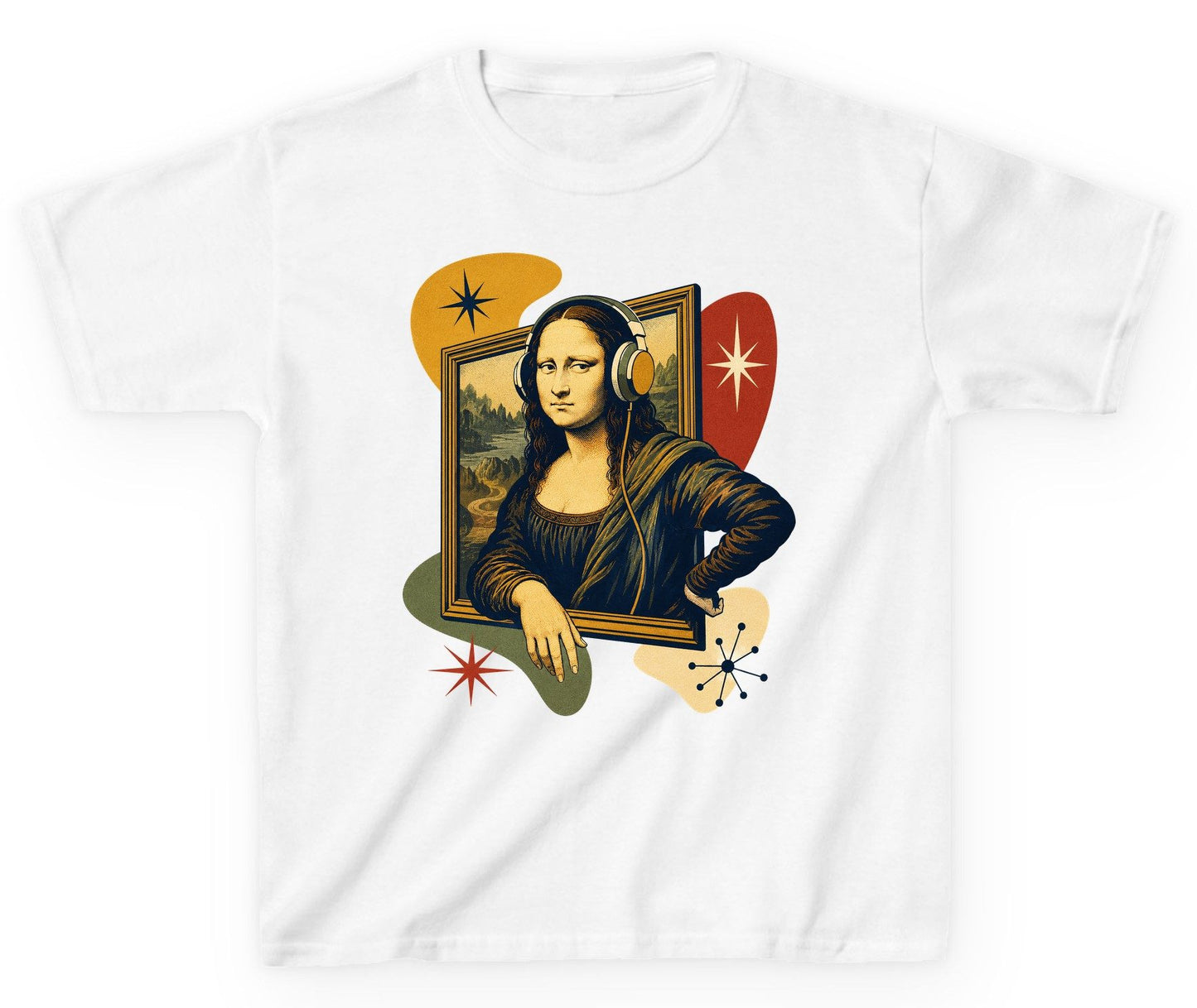 Retro Mona Lisa with Headphones Funny Art Lovers Youth T-Shirt - product mockup - White