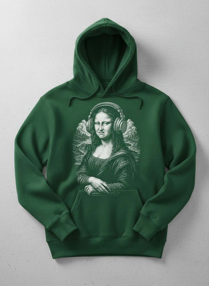 Disgusted Mona Lisa Headphones Funny Art Parody Hoodie - product mockup - Forest Green