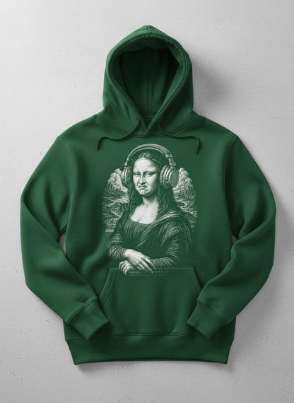 Disgusted Mona Lisa Headphones Funny Art Parody Hoodie - product mockup - Forest Green