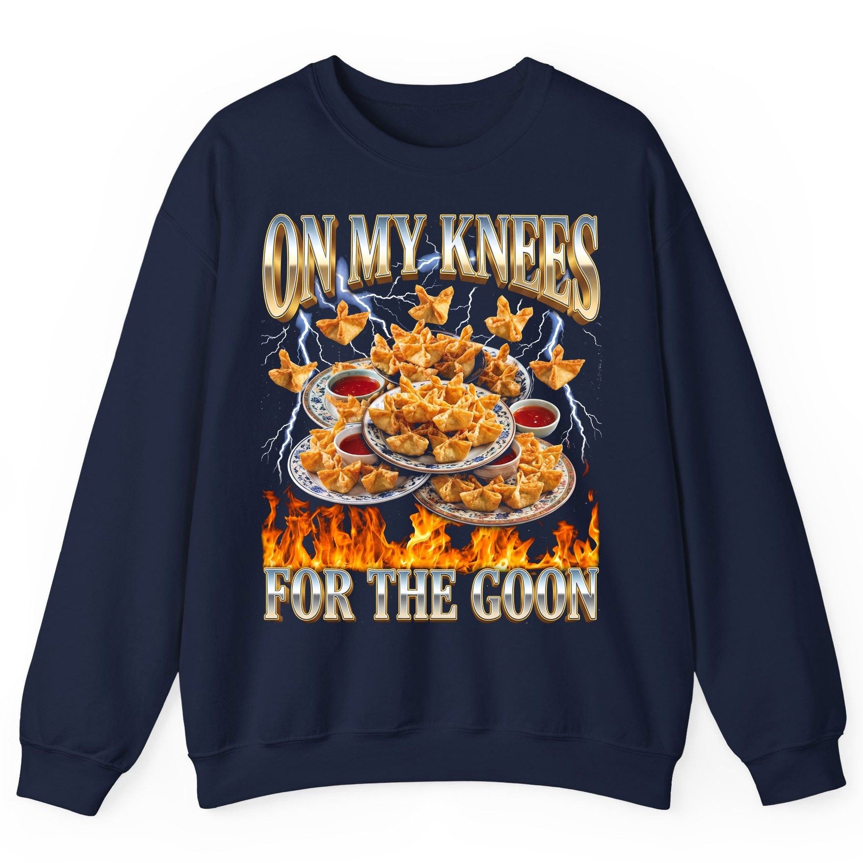 On My Knees for the Goon crab rangoon Sweatshirt Navy product mockup