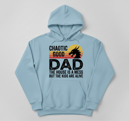 CHAOTIC GOOD DAD THE HOUSE IS A MESS BUT THE KIDS ARE ALIVE Funny Chaotic Good Dad Dragon Hoodie - product mockup - Light Blue