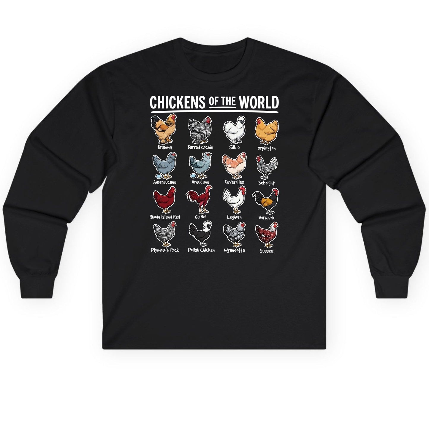 Chickens of the World chicken breeds Long Sleeve Tee Black product mockup