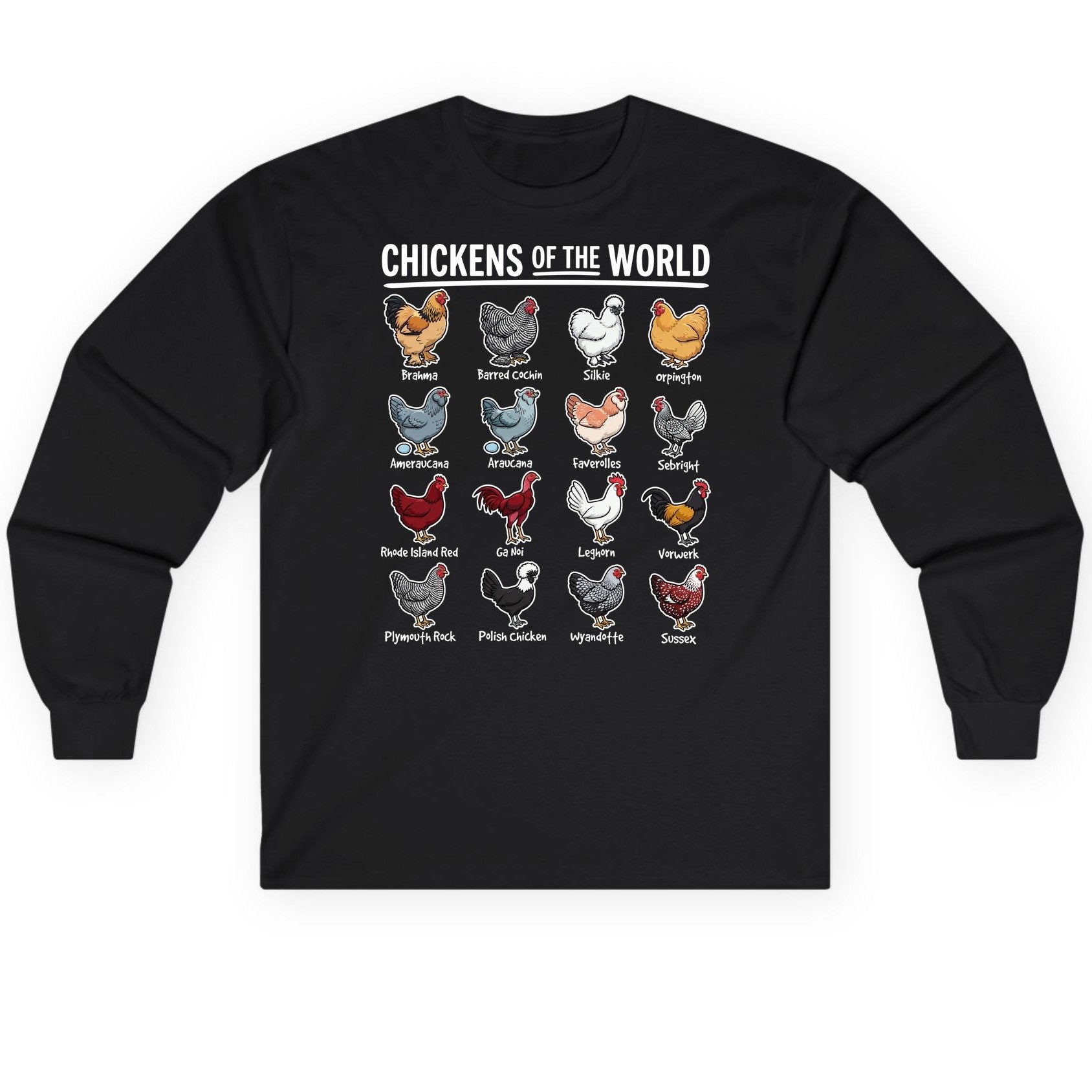 Chickens of the World chicken breeds Long Sleeve Tee Black product mockup