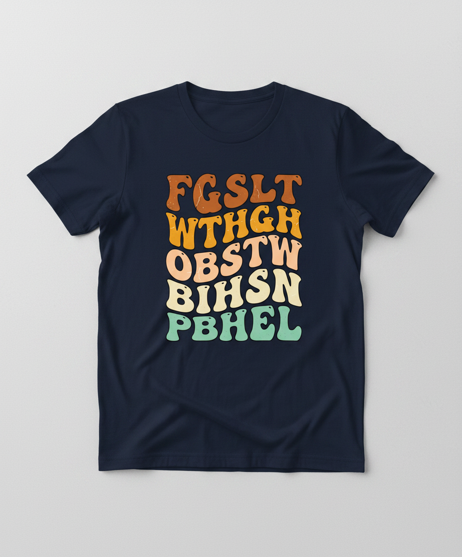 Retro 70s Groovy Wavy Alphabet Design T-Shirt - Navy