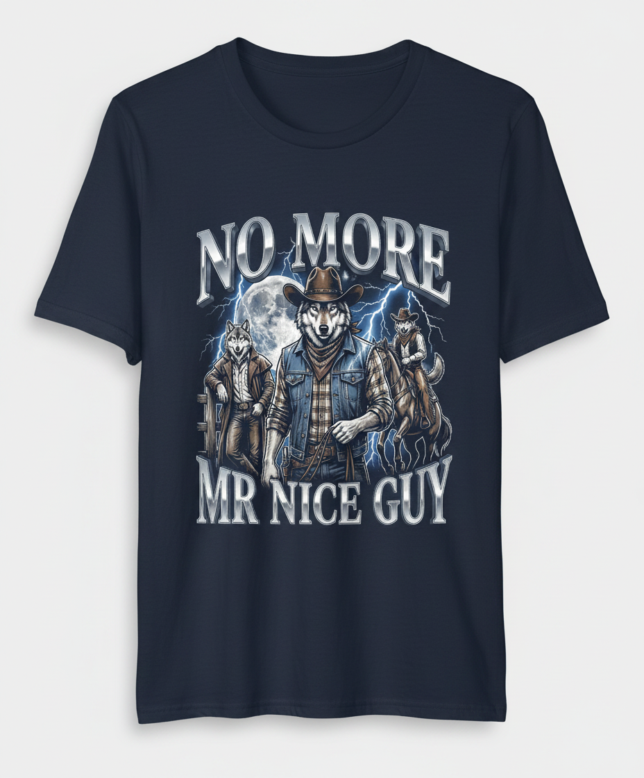 No More Mr Nice Guy Cowboy Wolf T-Shirt - product mockup - Navy