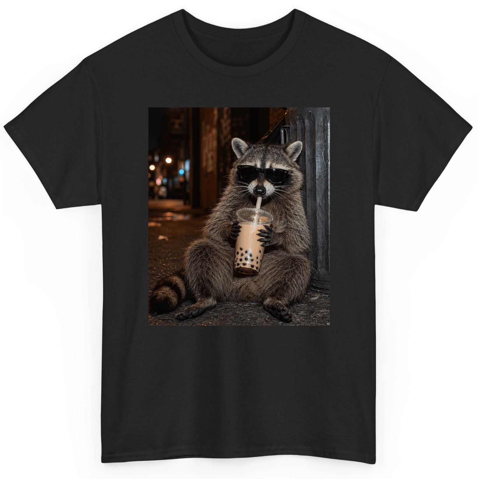 Cool Raccoon Bubble Tea Funny Lovers T-Shirt - product mockup - Black
