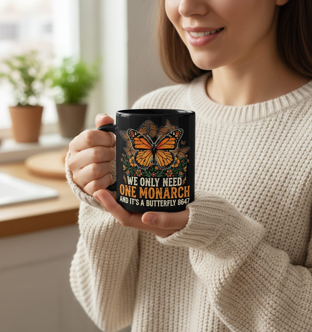 WE ONLY NEED ONE Monarch AND IT'S a Butterfly 8647 Vintage Black Mug - lifestyle model mockup - Black