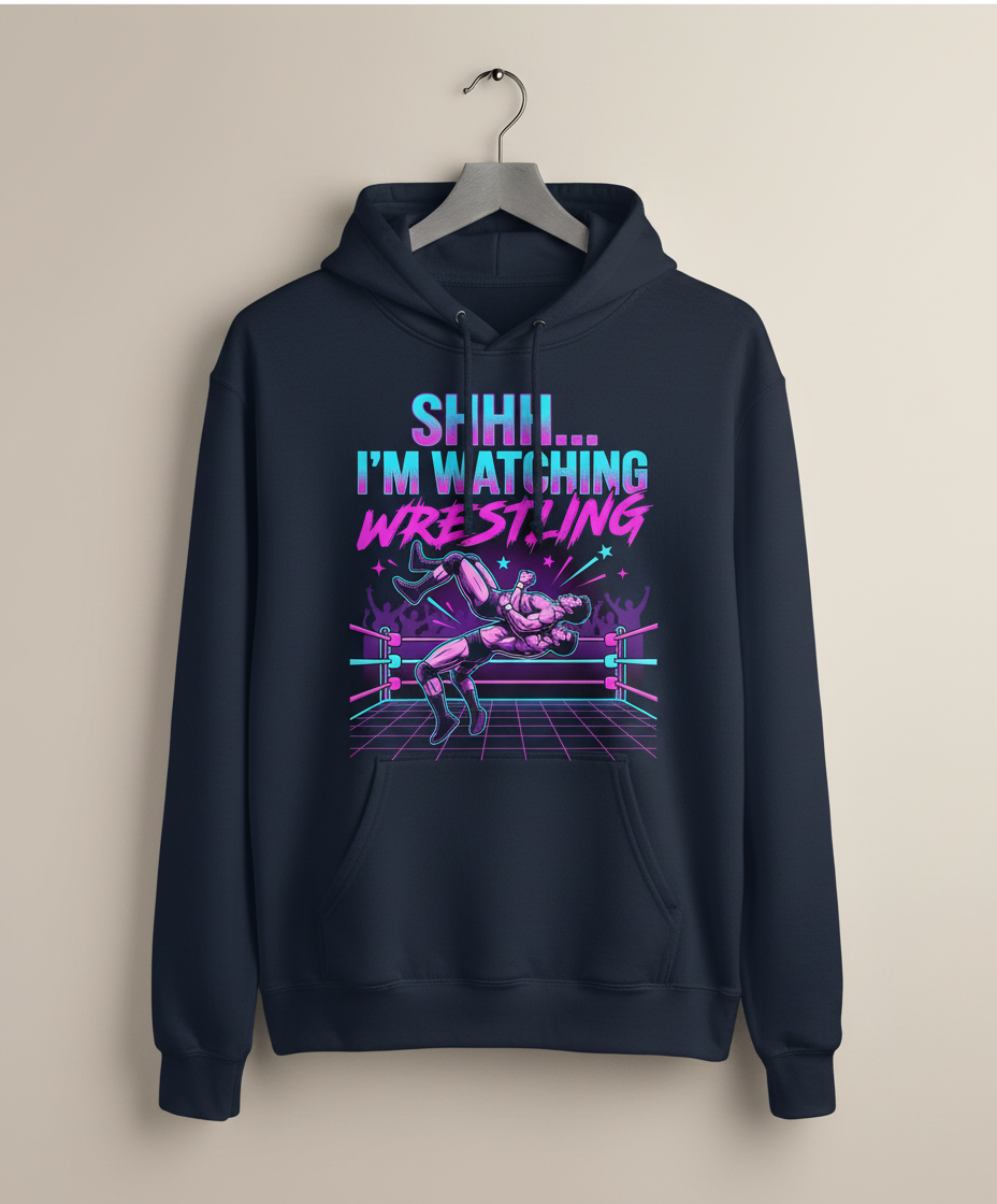 Shhh I'm Watching Wrestling Retro 80s Design Hoodie - Navy