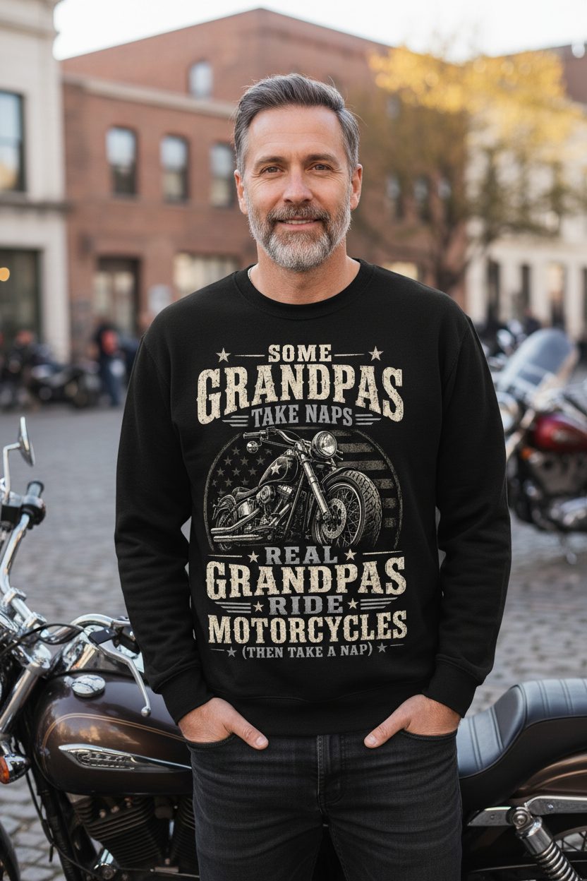Some Grandpas Take Naps Real Grandpas Ride Motorcycles (then Take a Nap) Funny Detailed Illustration of Classic Motorcycle with Distressed Texture in the Background Is Subtle Weathered American Flag Pattern Stars and Stripes Sweatshirt - lifestyle model mockup - Black