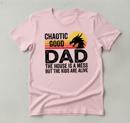 CHAOTIC GOOD DAD THE HOUSE IS A MESS BUT THE KIDS ARE ALIVE Funny Chaotic Good Dad Dragon T-Shirt - product mockup - Light Pink