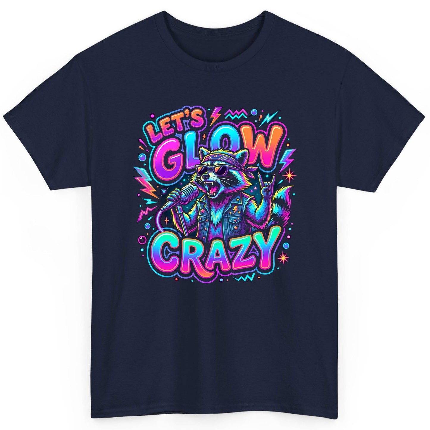 Let's Glow Crazy Funny Rockstar Raccoon T-Shirt - product mockup - Navy