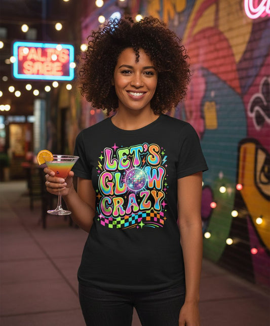 Let's Glow Crazy Retro Party T-Shirt - lifestyle model mockup - Black