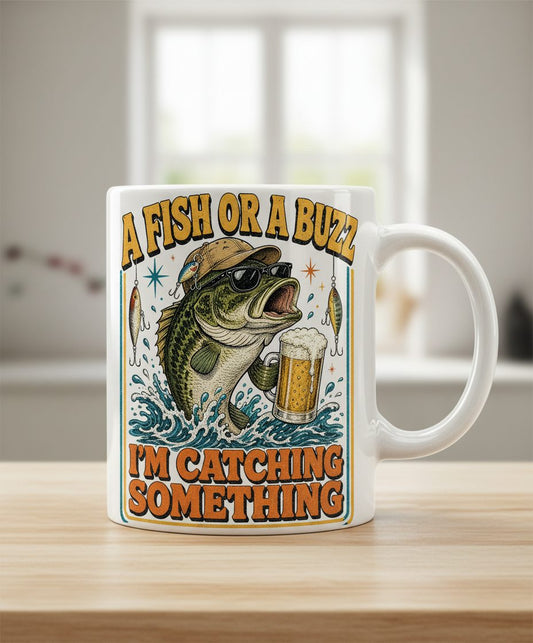 A FISH OR a BUZZ I'M Catching Something Funny Fishing White Mug - product mockup - White