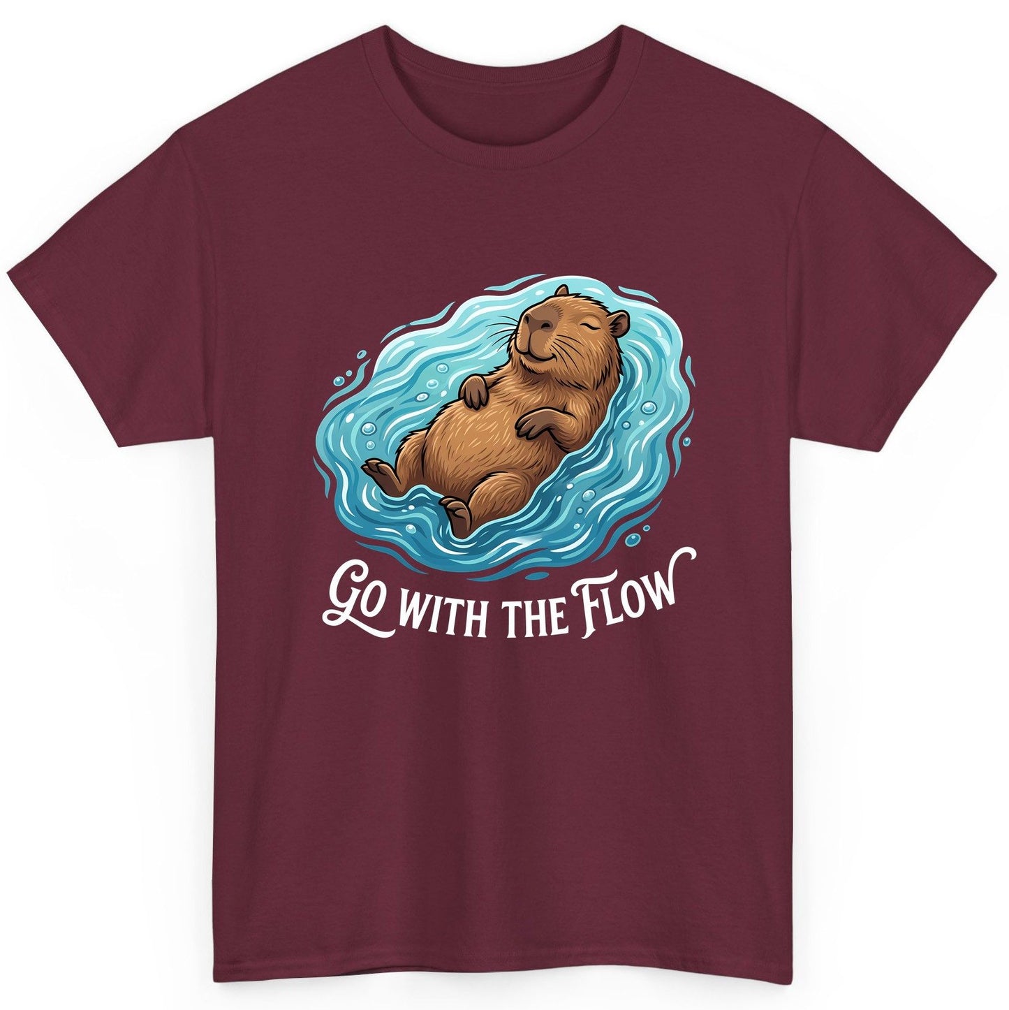 Go WITH THE Flow Funny Capybara T-Shirt - product mockup - Maroon