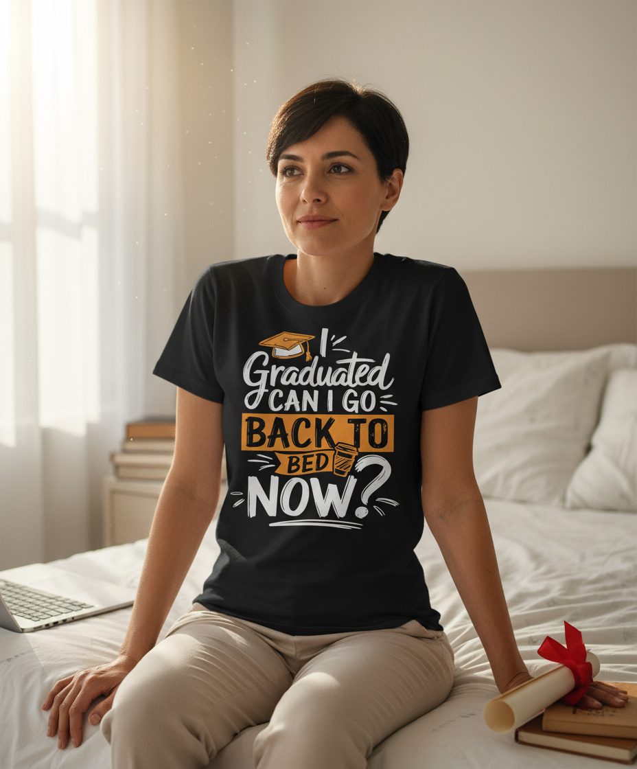 I Graduated Can I Go Back to Bed Now Funny Graduation T-Shirt - lifestyle model mockup - Black