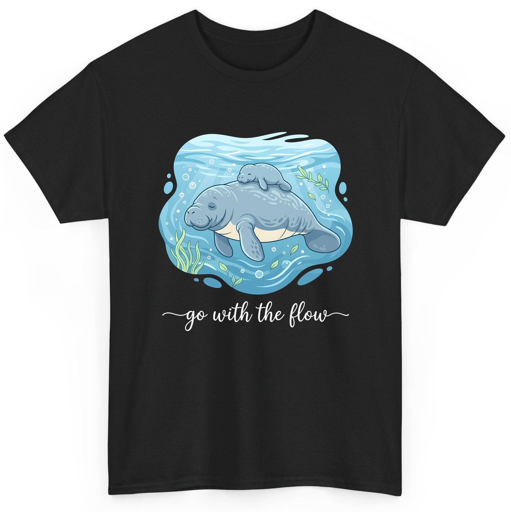 Go with the Flow Manatee T-Shirt - product mockup - Black