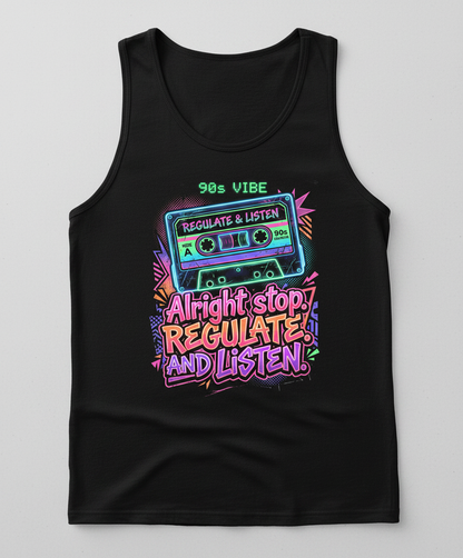 90s Vibe Cassette Tape Regulate and Listen Retro Design Tank Top - Black