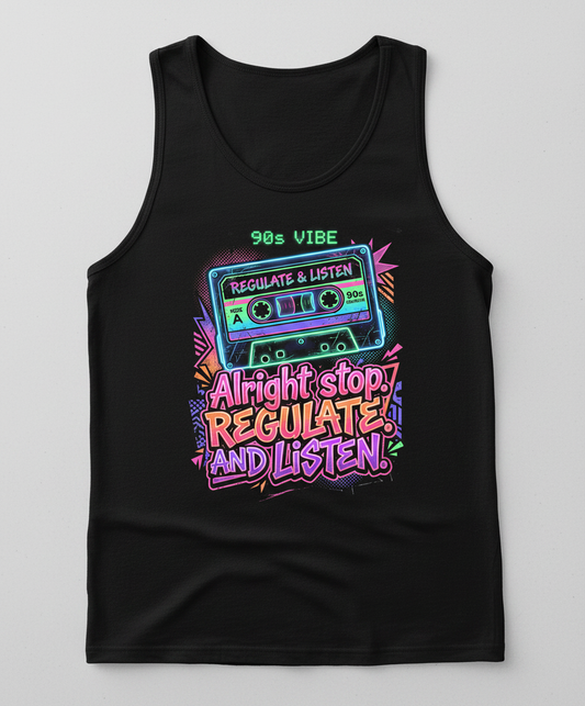 90s Vibe Cassette Tape Regulate and Listen Retro Design Tank Top - Black