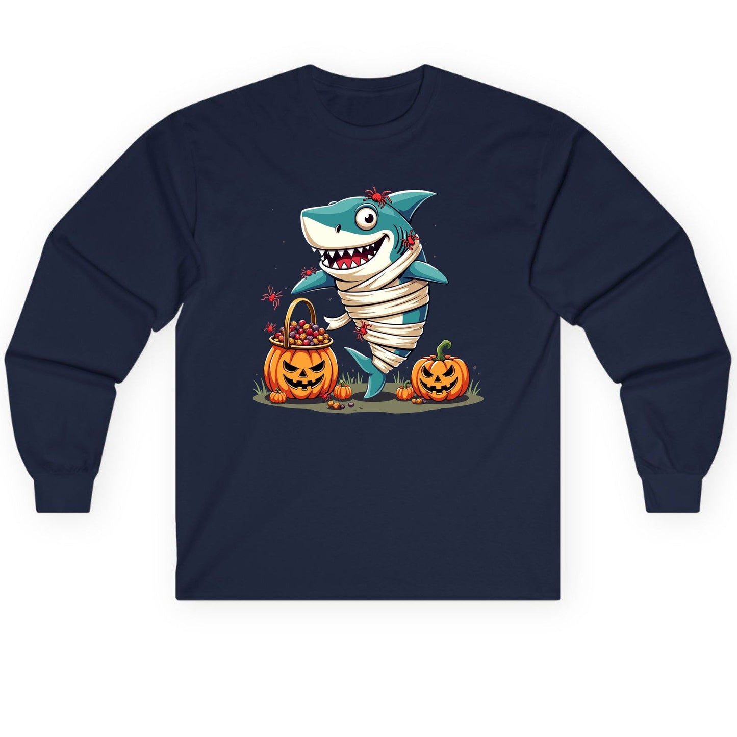 Mummy Shark Halloween shark Long Sleeve Tee Navy product mockup
