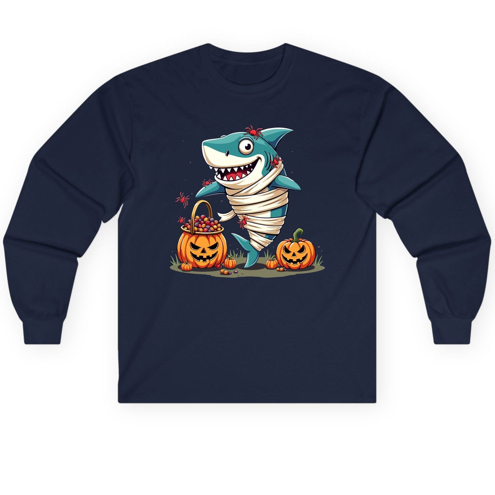 Mummy Shark Halloween shark Long Sleeve Tee Navy product mockup