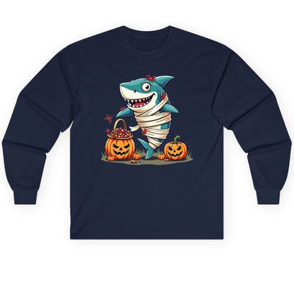 Mummy Shark Halloween shark Long Sleeve Tee Navy product mockup
