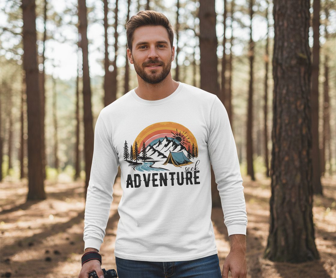 Seek Adventure camping Long Sleeve Tee White lifestyle mockup