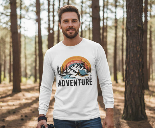 Seek Adventure camping Long Sleeve Tee White lifestyle mockup