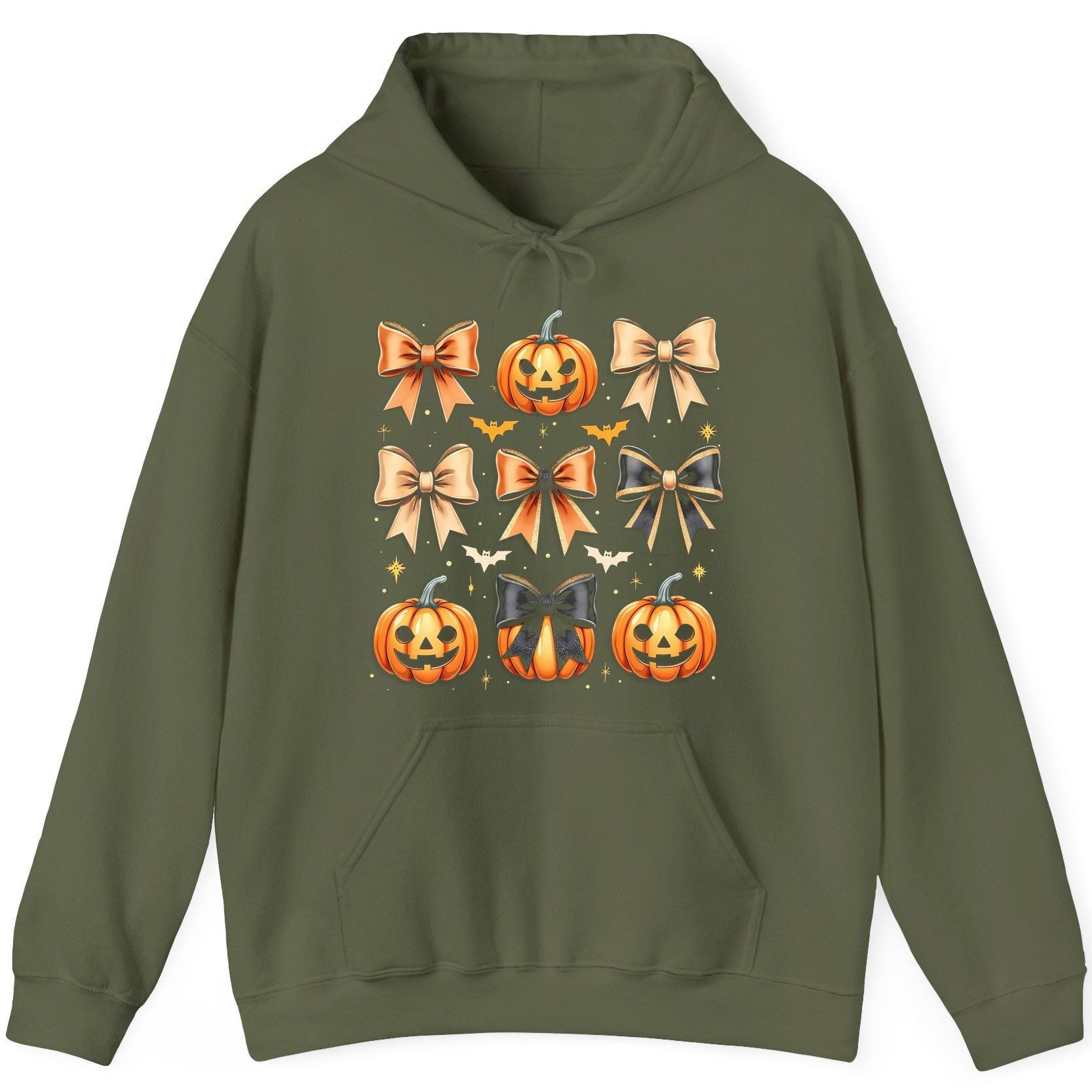 Cute Halloween Pumpkins and Bows Halloween Hoodie Military Green product mockup