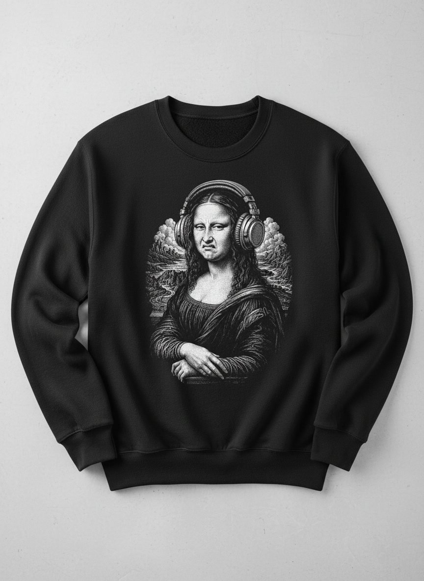 Disgusted Mona Lisa Headphones Funny Art Parody Sweatshirt - product mockup - Black