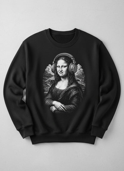 Disgusted Mona Lisa Headphones Funny Art Parody Sweatshirt - product mockup - Black