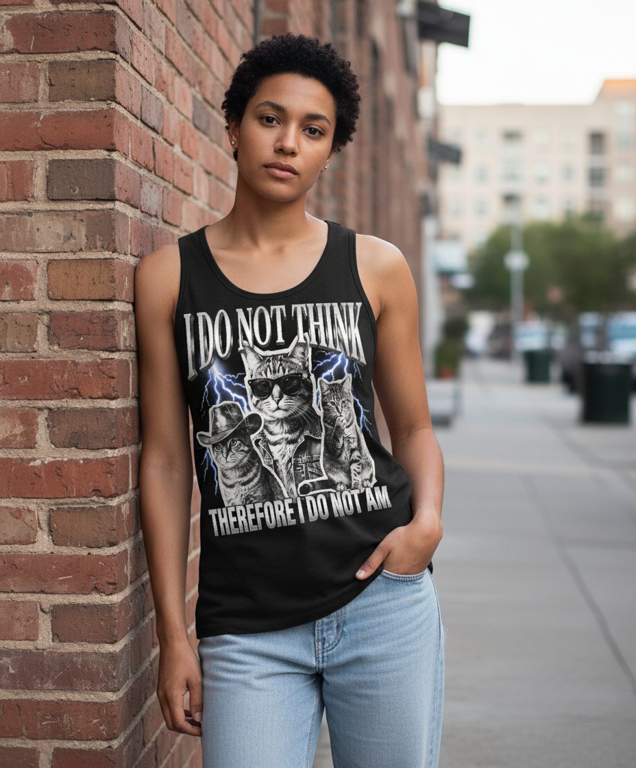 I Do Not Think Therefore I Do Not Am cats Tank Top Black lifestyle mockup